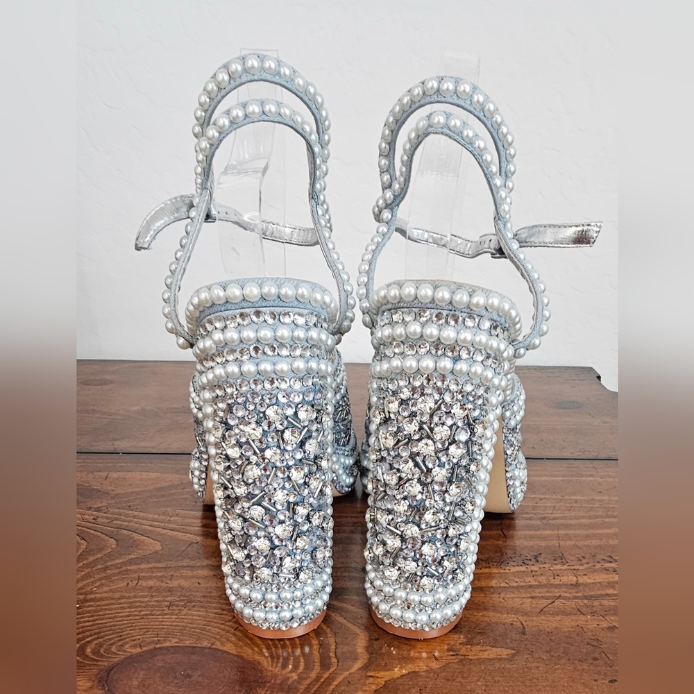 Elegant Blue & Silver Pearl/Rhinestone-Embellished Heels Bridal/Formal Sz 10 - Picture 5 of 8